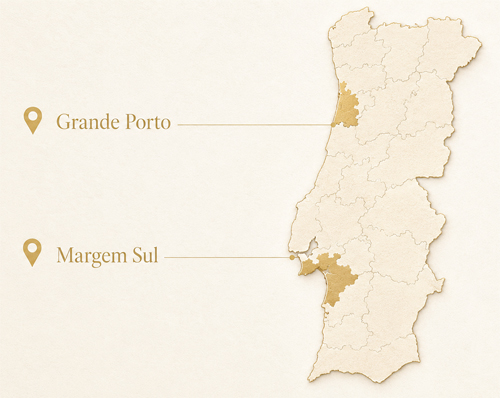 Mapa de Portugal com Grande Porto e Margem Sul assinalados